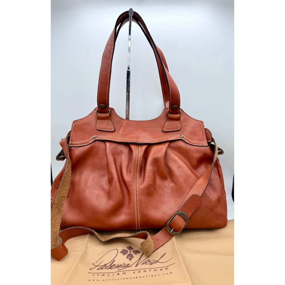 Patricia Nash Napoli Cognac Italian Leather Pleated Satchel Crossbody Bag
